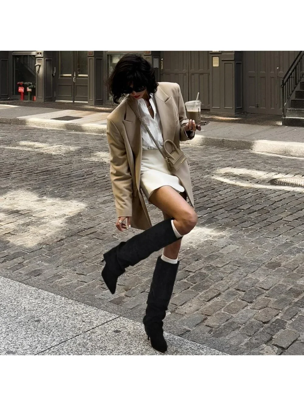 Women's Black Suede Stiletto High Heels Pointed Toe Fold Over Knee High Boots